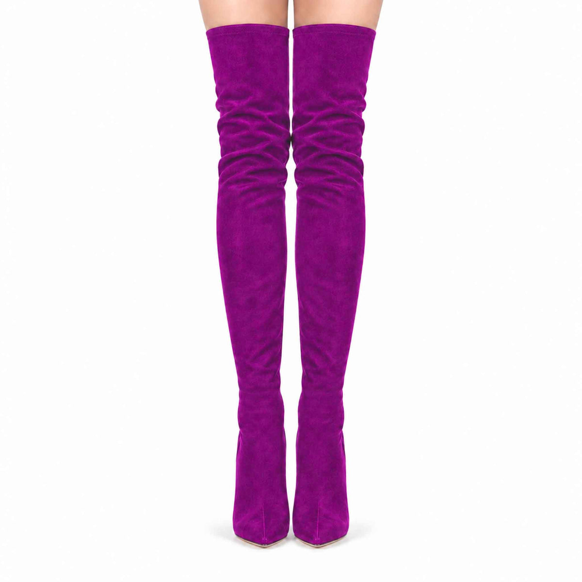 Stivali Cuissardes Elasticizzati in Camoscio Viola con Tacco a Spillo